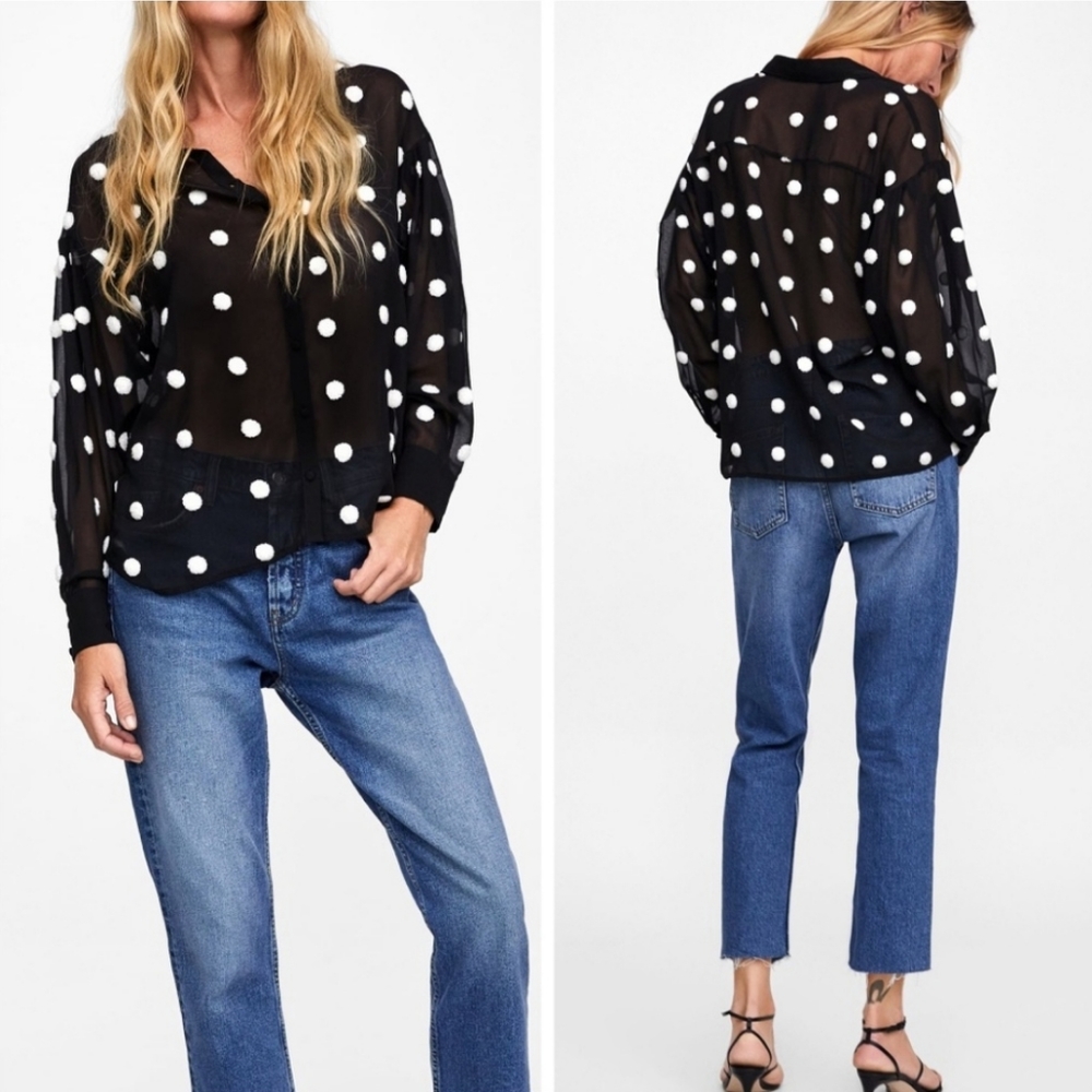 Zara Textured Polka Dot Pom Pom Button Down Sheer Blouse Shirt White/Black SZ L